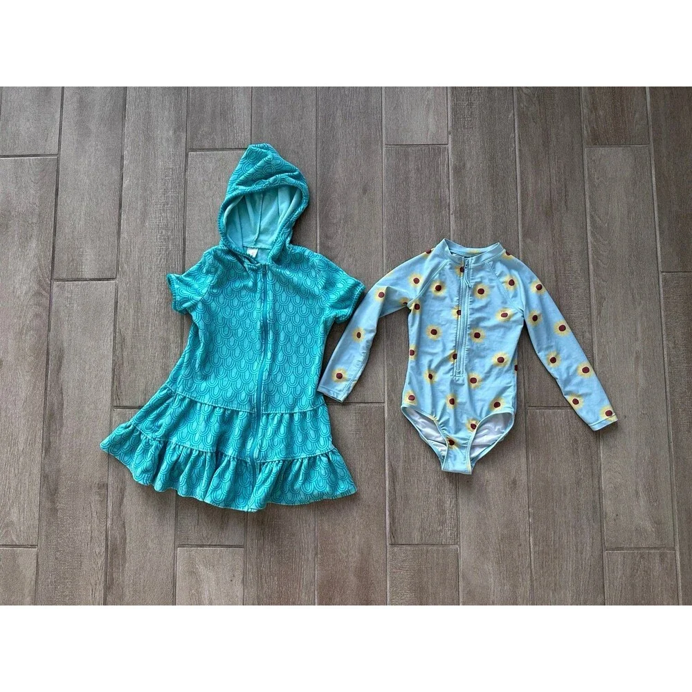 Girls Swim Set One Piece Rash Guard Modest 6/7 Sunflower Suit Cover Up 7/8 Long